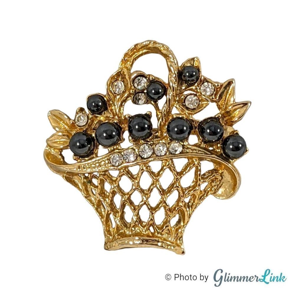 Vintage Black Faux Pearls & Rhinestones Flower Basket Gold Tone Brooch